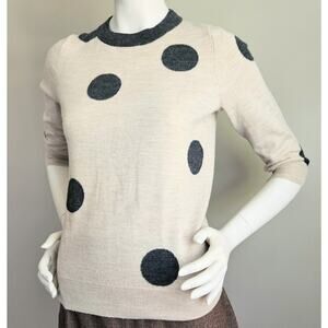 J Crew 100% Merino Wool Crew Neck Sweater Size M Oatmeal Gray Polkadot Light